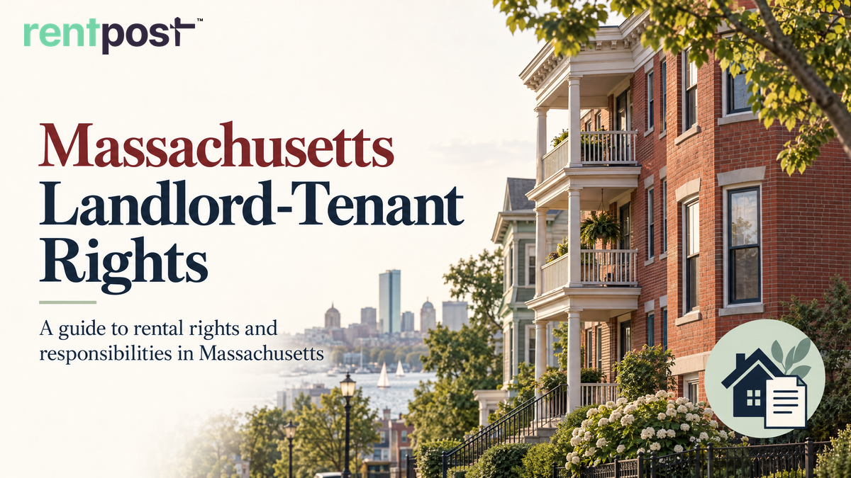 Massachusetts brick rental homes beside the heading “Massachusetts Landlord-Tenant Rights” and rental-rights guide subtitle.