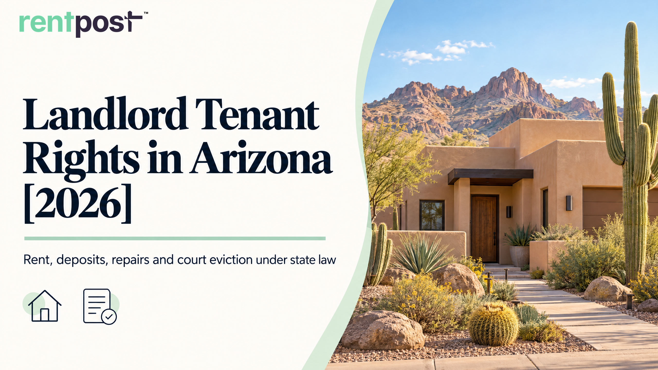 Arizona landlord-tenant rights cover with an adobe rental home, saguaros, and desert mountains.