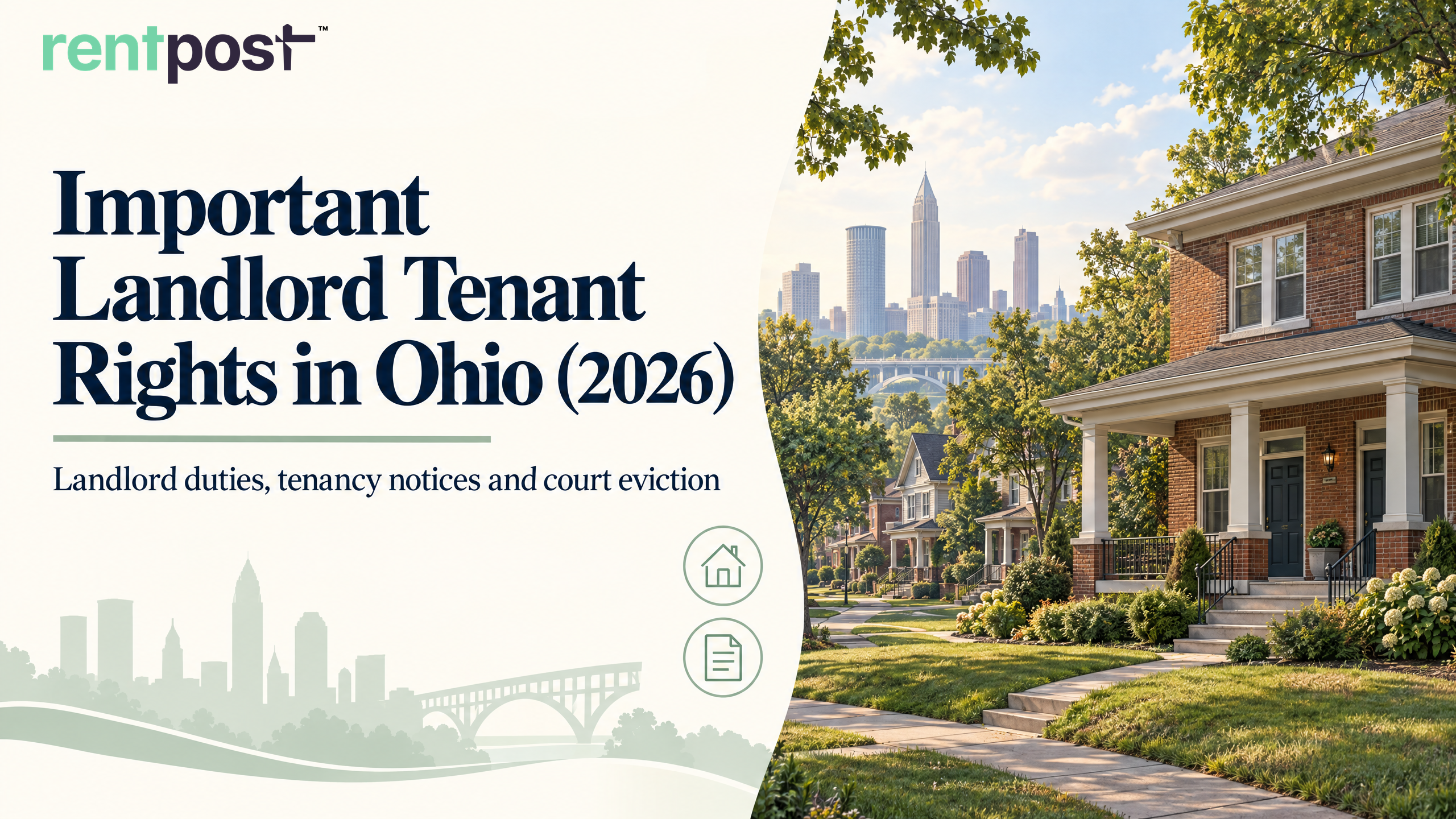 Ohio landlord-tenant rights cover with a brick rental home and tree-lined neighborhood.