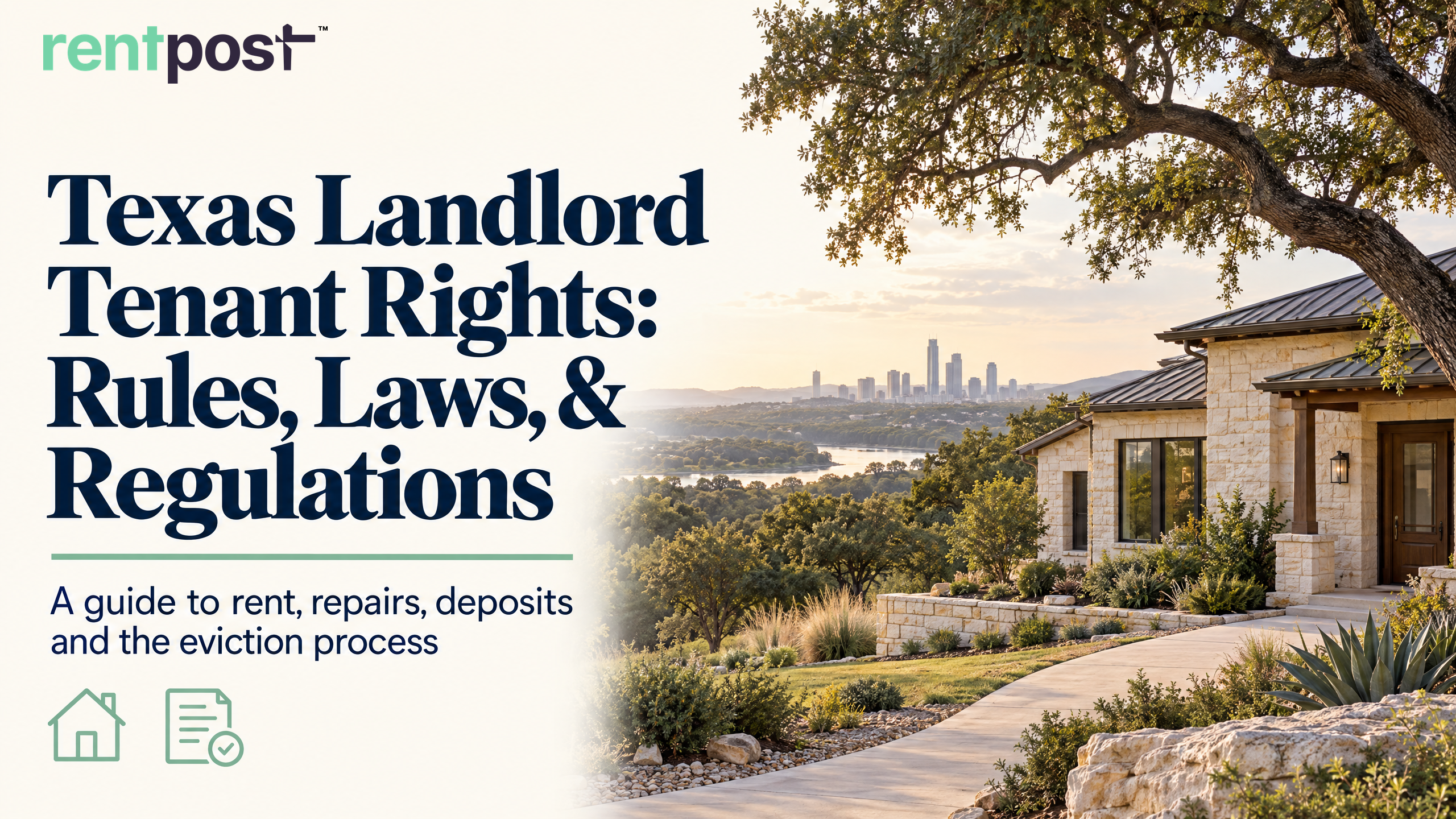 Texas rental-rights cover showing a stone home beneath a live oak in the Hill Country.