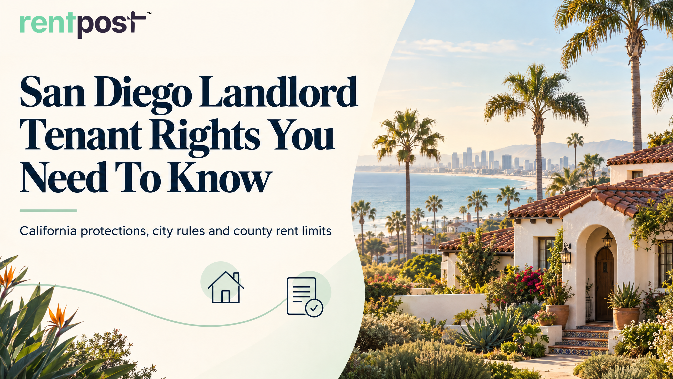 San Diego rental-rights cover with a Spanish-style home, palms, and Pacific coastline.