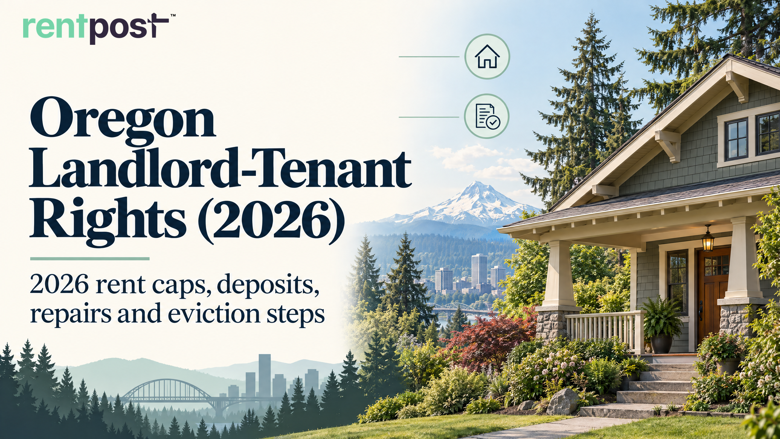 Oregon rental-rights cover with a Craftsman home, evergreens, and Mount Hood.
