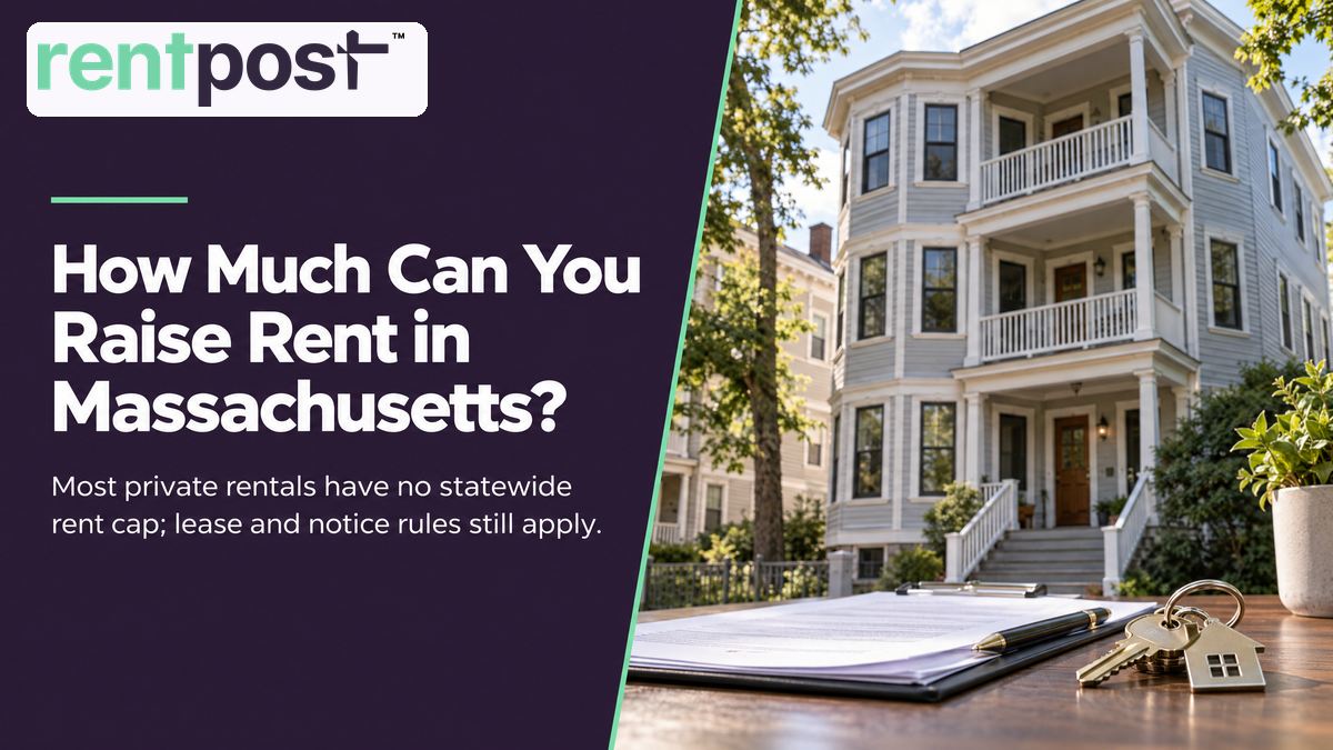 Massachusetts multi-family home, lease papers and keys beside the title “How Much Can You Raise Rent in Massachusetts?”; subtitle notes that most private rentals have no statewide rent cap.