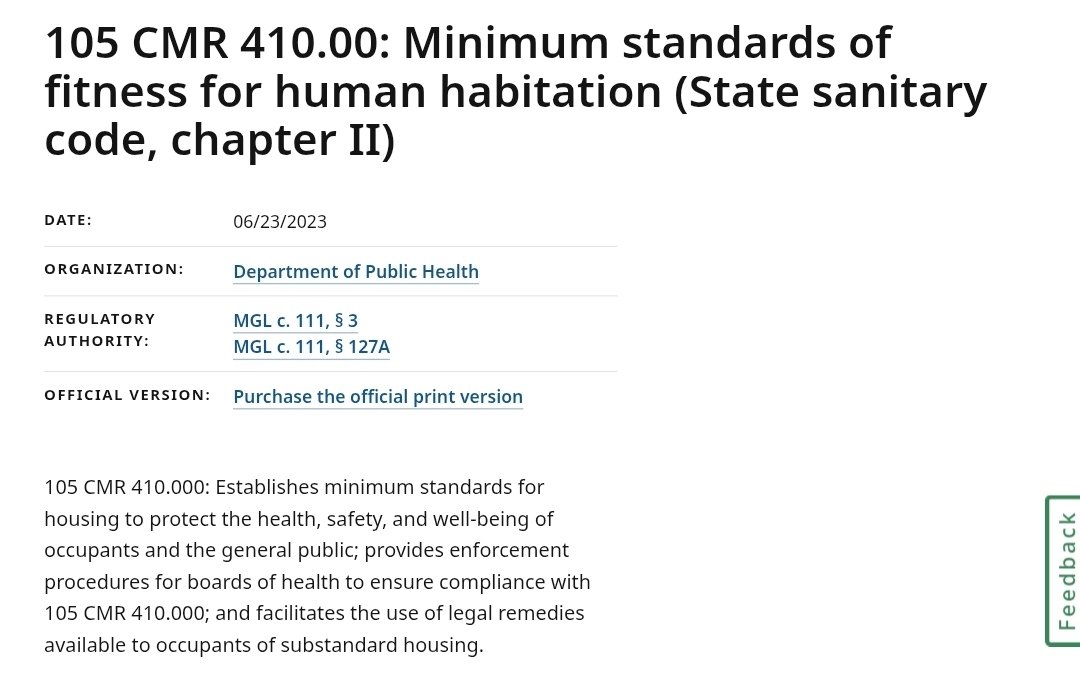 Massachusetts regulation 105 CMR 410.000 on minimum standards of fitness for human habitation.