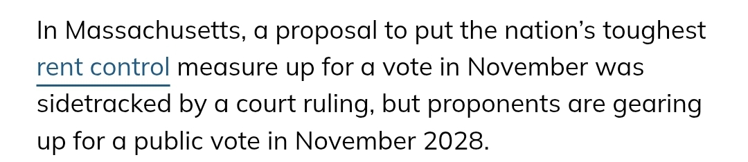 Multi-Housing News excerpt says a Massachusetts rent-control ballot proposal was sidetracked and supporters were targeting a November 2028 vote.
