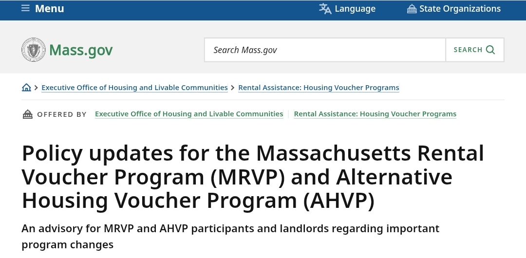 Mass.gov policy update page for the Massachusetts Rental Voucher Program and Alternative Housing Voucher Program.