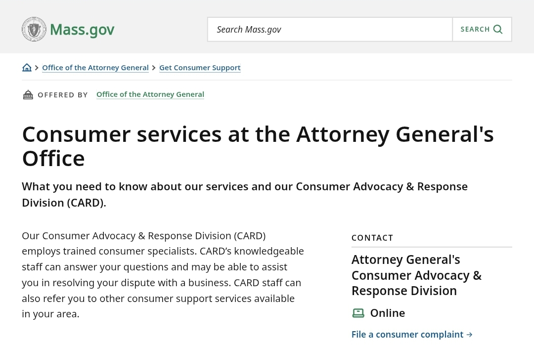 Mass.gov Consumer Services page for the Attorney General’s Consumer Advocacy and Response Division.