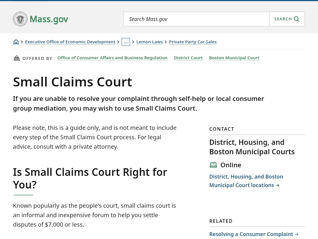 Mass.gov Small Claims Court page describing the court as an option for resolving eligible disputes.