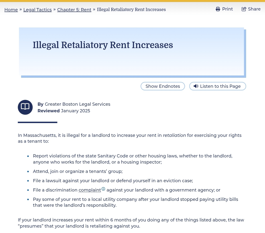 Greater Boston Legal Services page titled Illegal Retaliatory Rent Increases, reviewed January 2025.