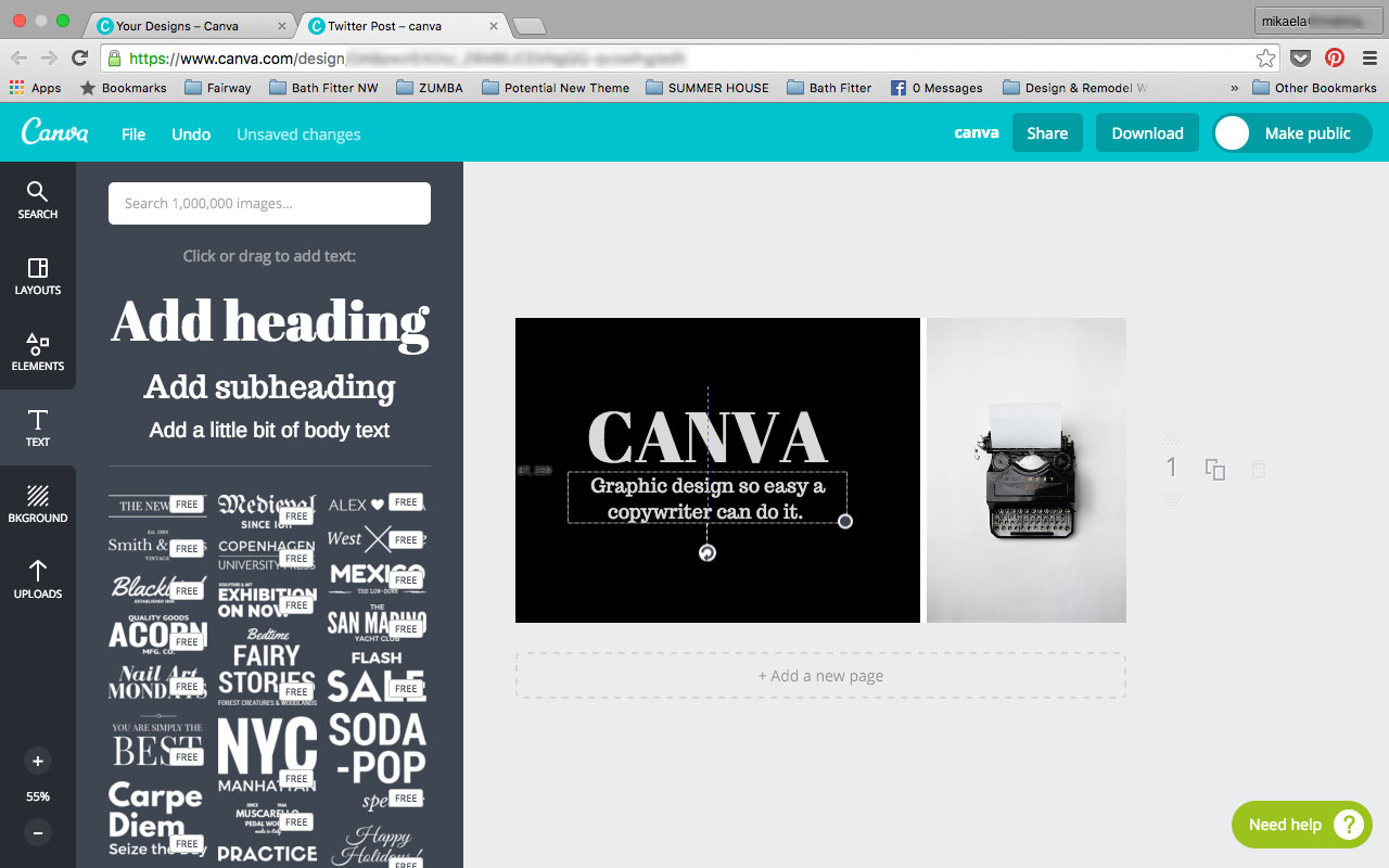 Create a Customized Message with Font options from the Canva Text tab.