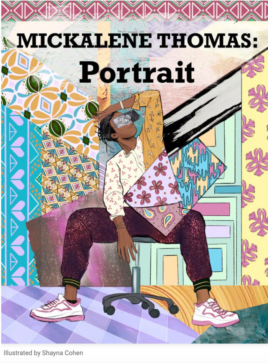 Black woman sitting on a chair in the center of the cover with her hand resting on her forehead set against a patchwork background of colorful geometric and floral patterns. Text reads, “Mickalene Thomas: Portrait”
