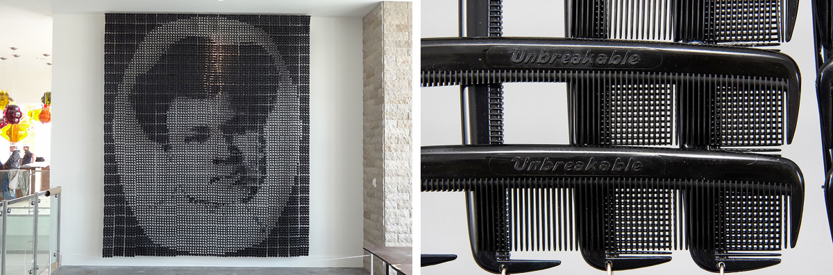 A full view of "Madame CJ Walker II" side-by-side with a detail of the combs used to make it.