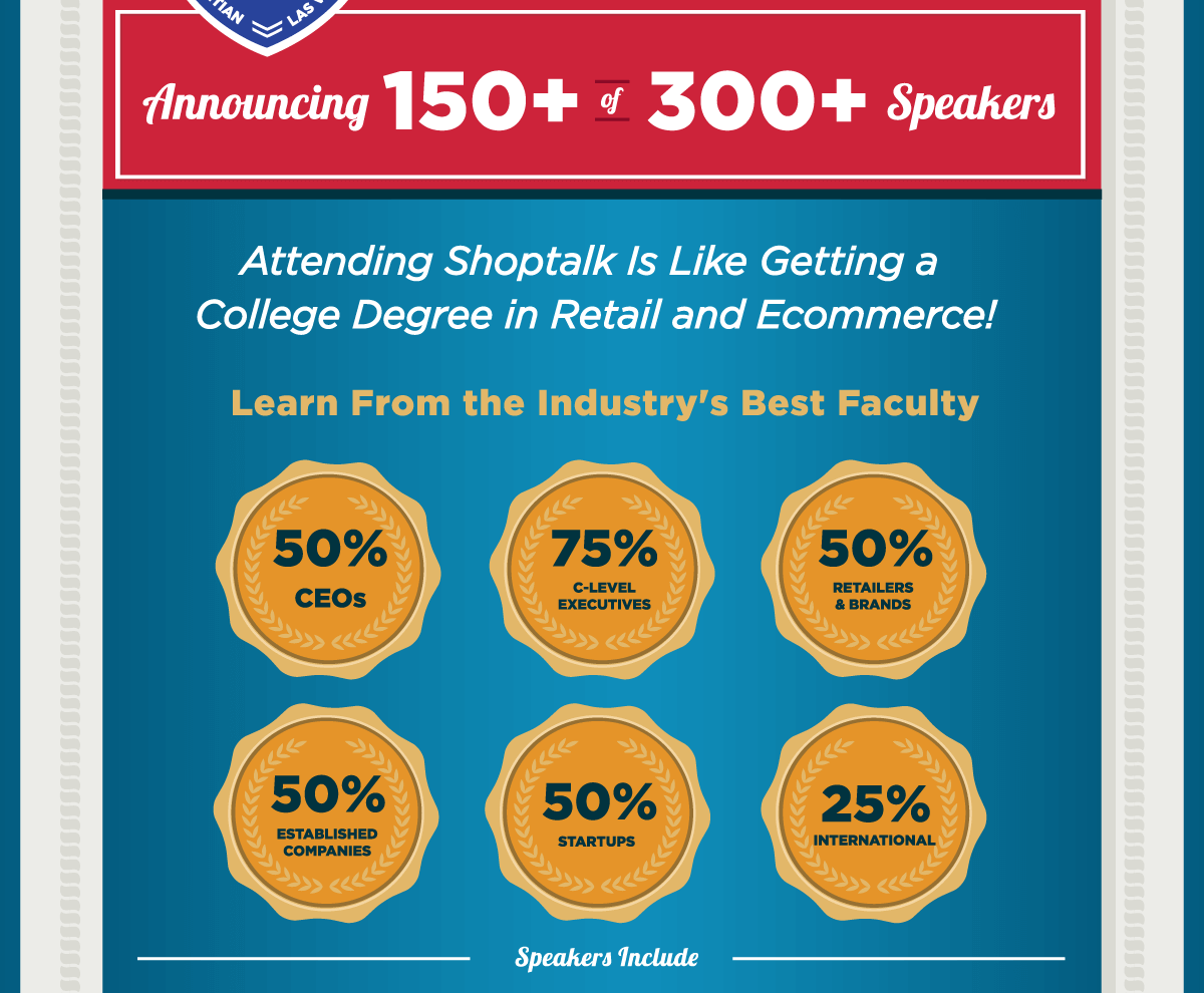 Announcing 150+ of 300+ Speakers -- Attending Shoptalk Is Like Getting a College Degree in Retail and Ecommerce! -- Get Your Ticket!