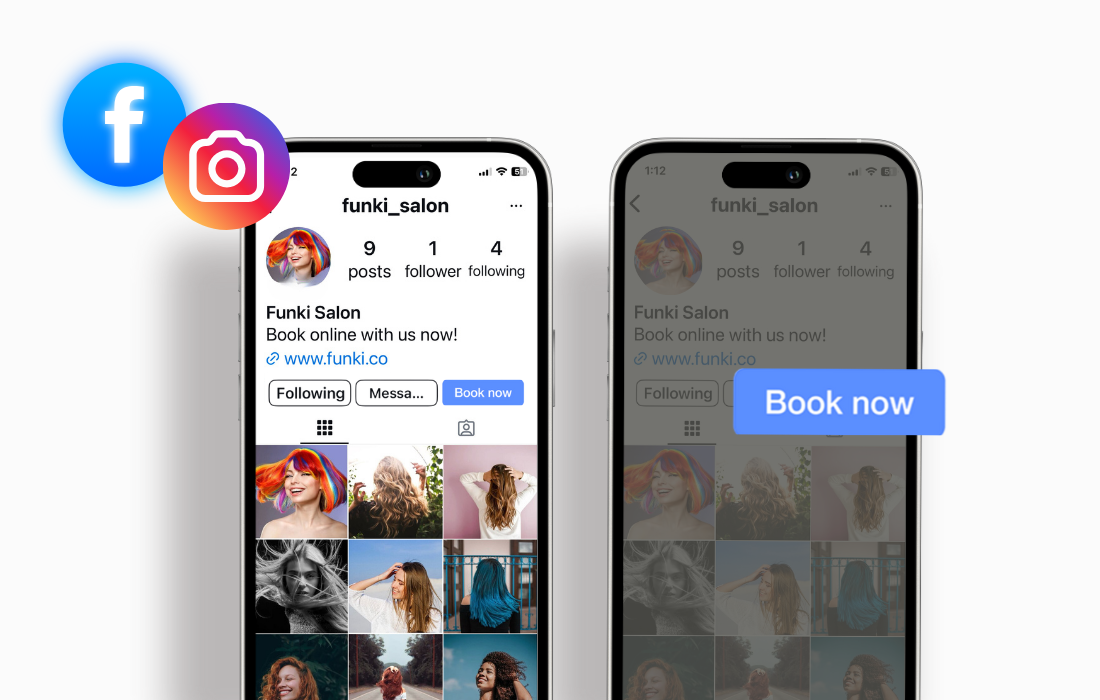 Two phone screens showing a salon’s Instagram profile with photos, link, and blue “Book now” button.