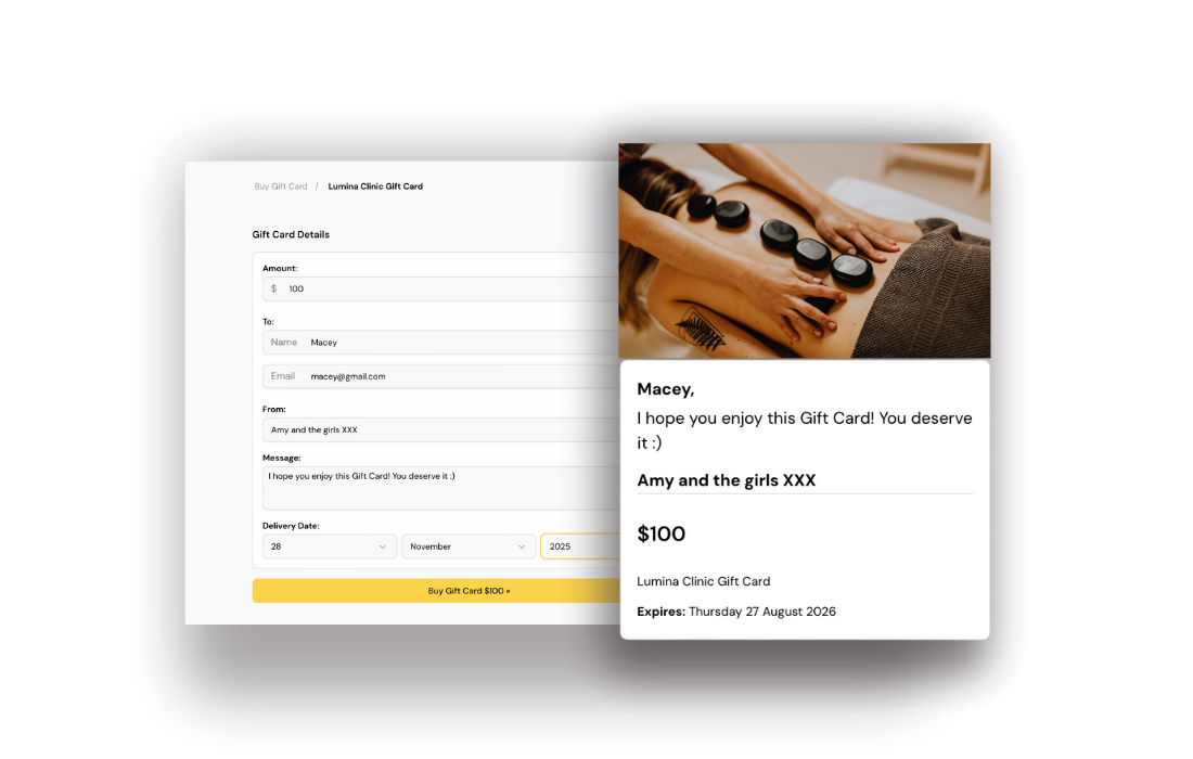 Digital gift card purchase page showing $100 Lumina Clinic card details and personalised preview message.