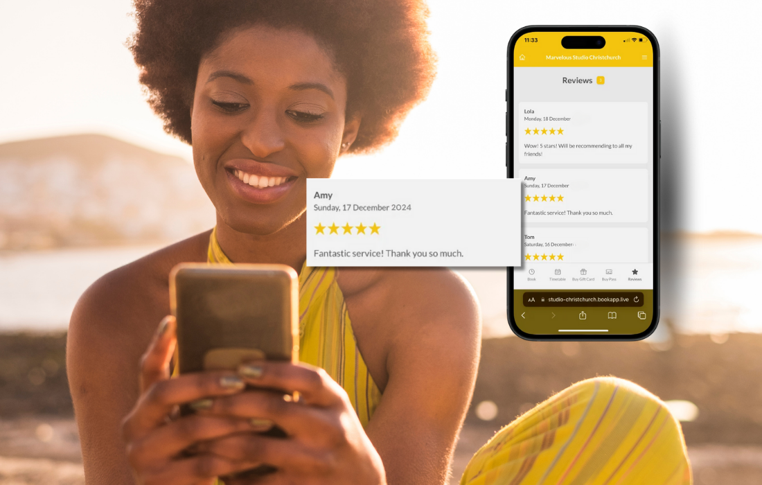 Booking system screenshot showing waitlist toggle, auto-notify dropdown, and a customer waitlist confirmation alert.