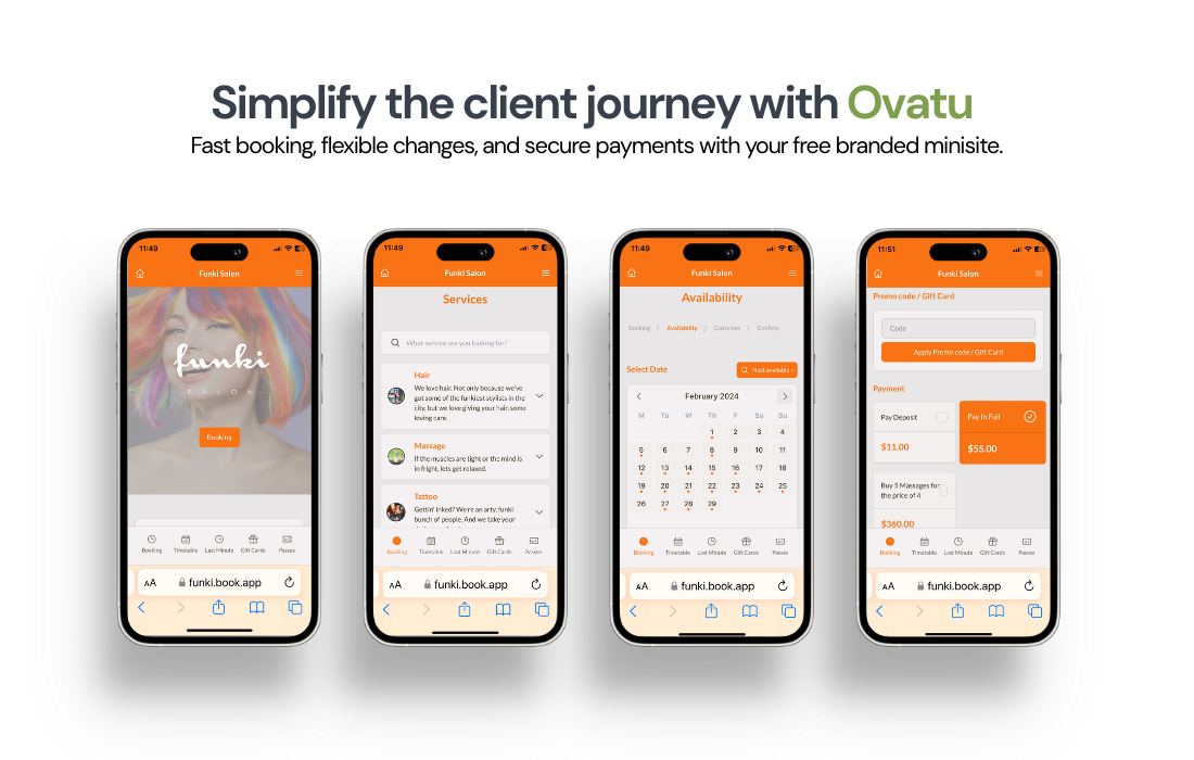 Ovatu minisite on mobile showing booking, services, calendar, and payments with tagline: simplify the client journey.