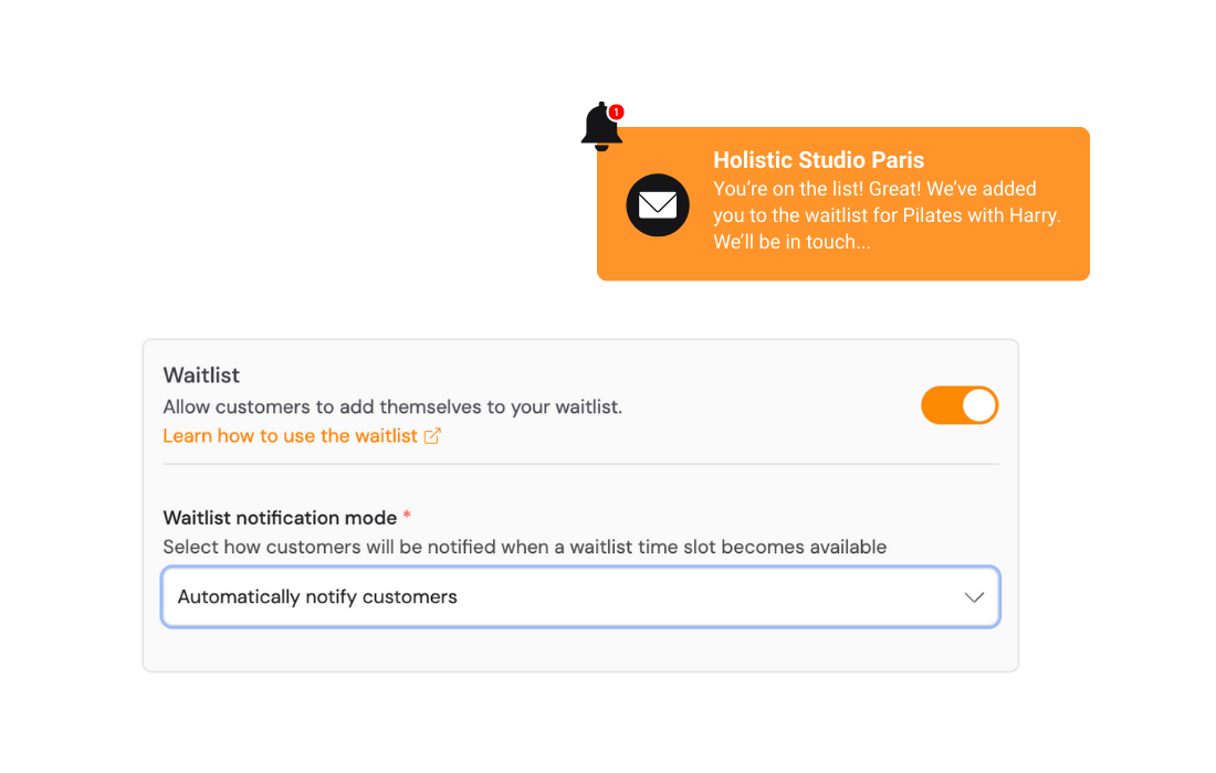 Booking system screenshot showing waitlist toggle, auto-notify dropdown, and a customer waitlist confirmation alert.