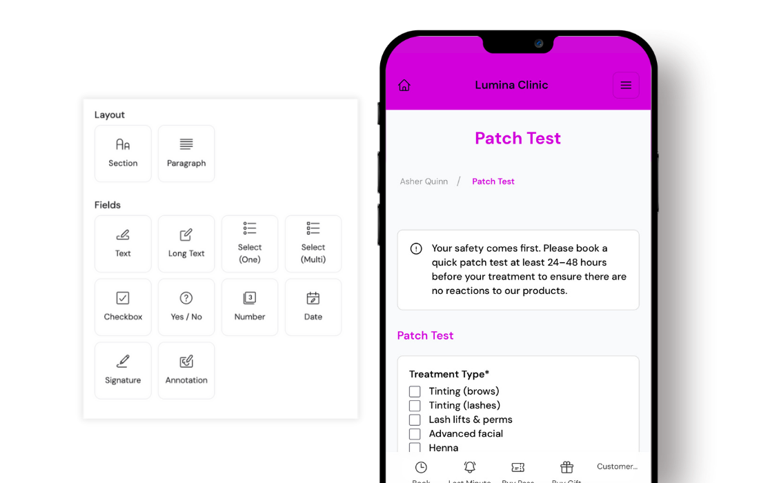 Patch test booking form on mobile with service checkboxes, alongside form layout and field options.