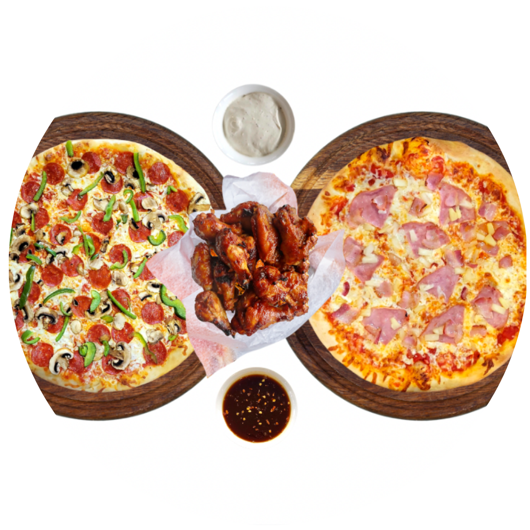 2 Medium, 3 Toppings, 1 lb Wings & 2 Dips