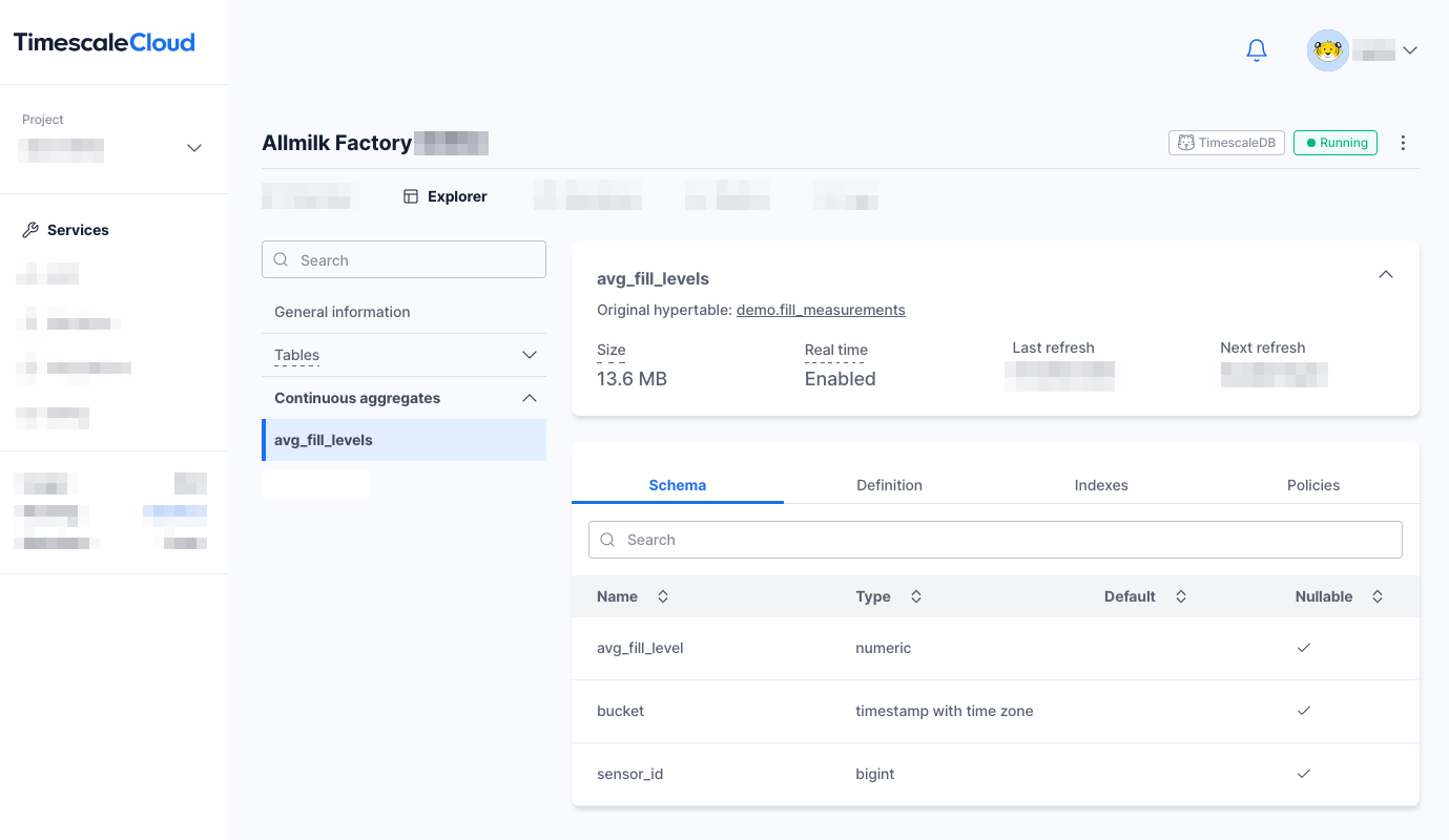 Timescale Cloud Explorer, Continuous aggregates section
