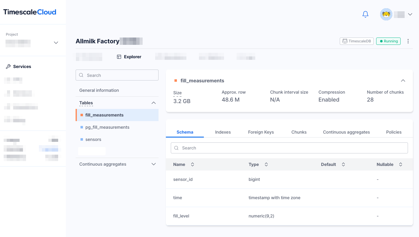 Timescale Cloud Explorer, Tables section