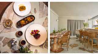 An image of the pastel-hued interiors at Native at Browns, next to an image of their 'Regenuary' menu, a 6-course set menu for January 2022