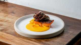This is a colour image of a trout kebab at Oklava, Shoreditch