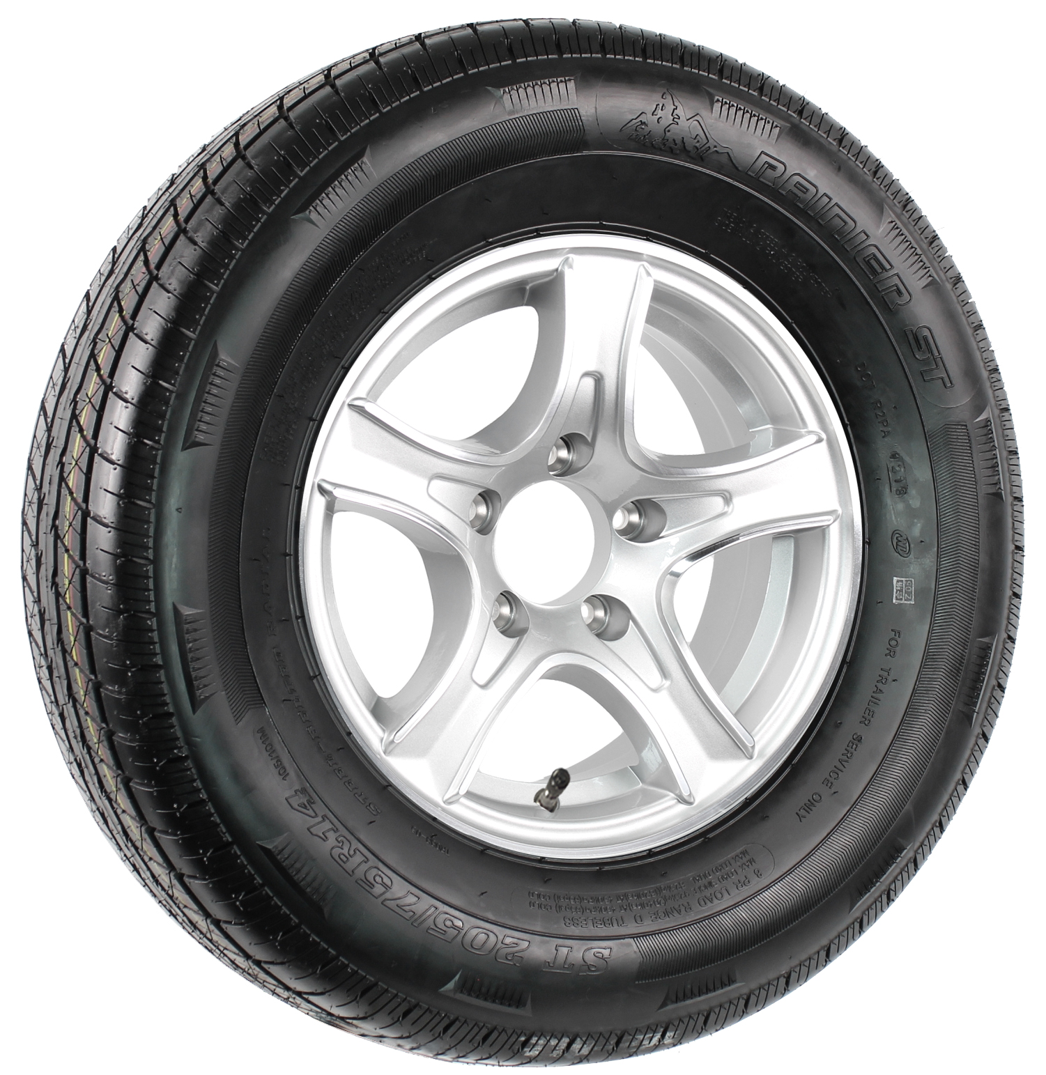 Rainier ST205/75R14 LRD Radial on 14” 5Lug Thoroughbred Silver