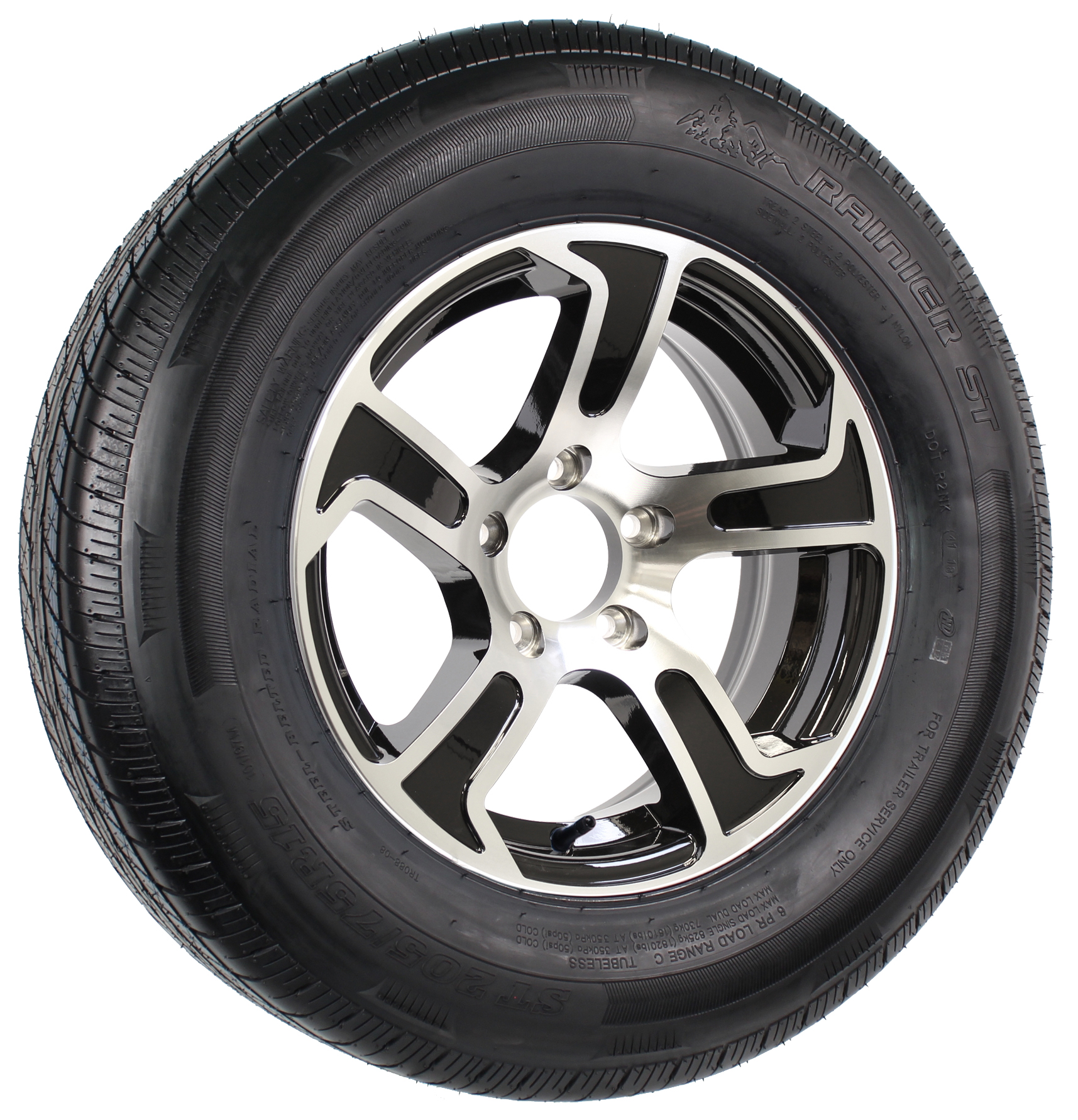 Rainier ST205/75R15C on 15x5 54.5 Summit Black Aluminum Wheel