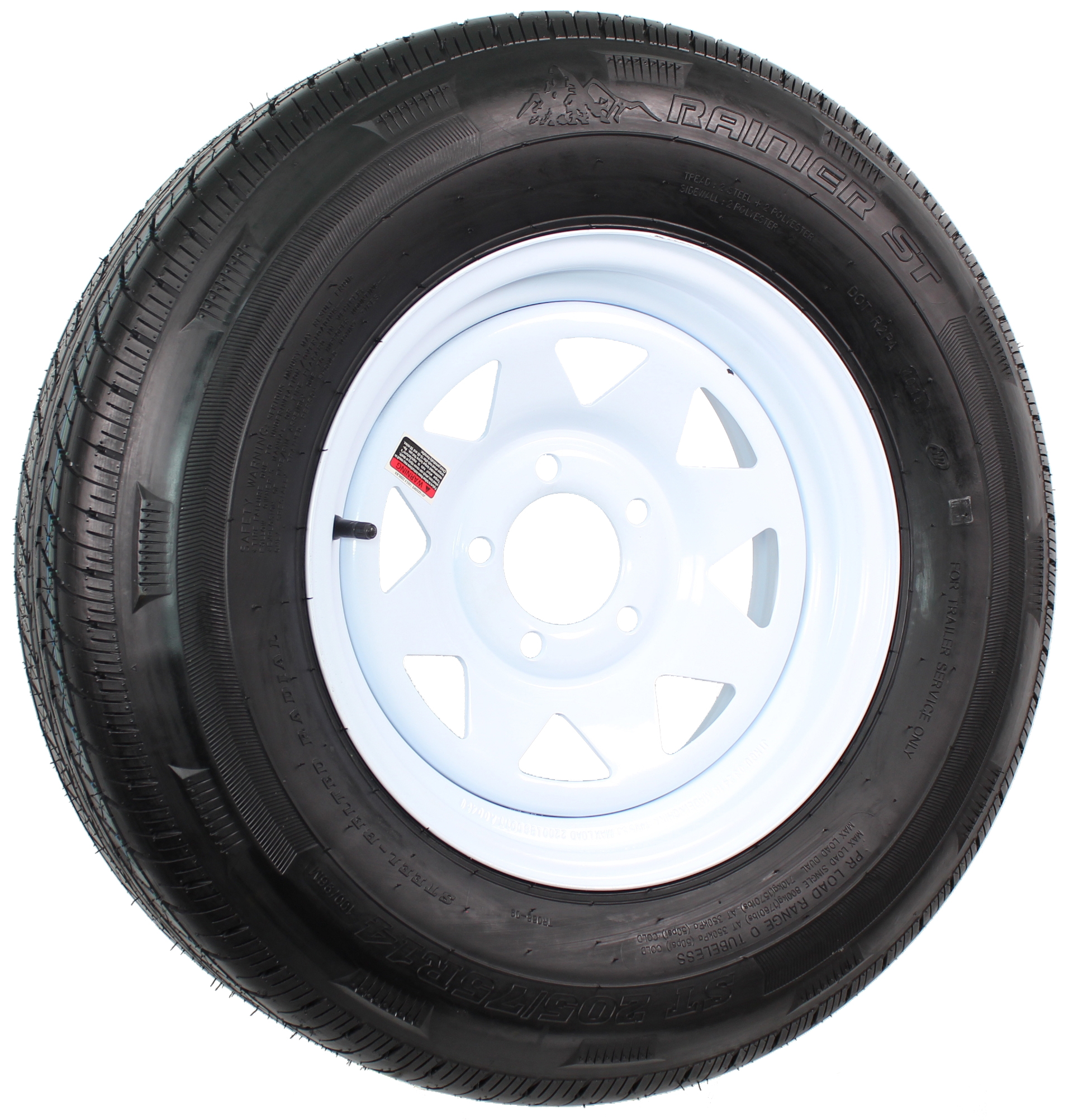 Rainier ST205/75R14 LRD Radial on 14” 5 on 4.5” White Spoke Assembly