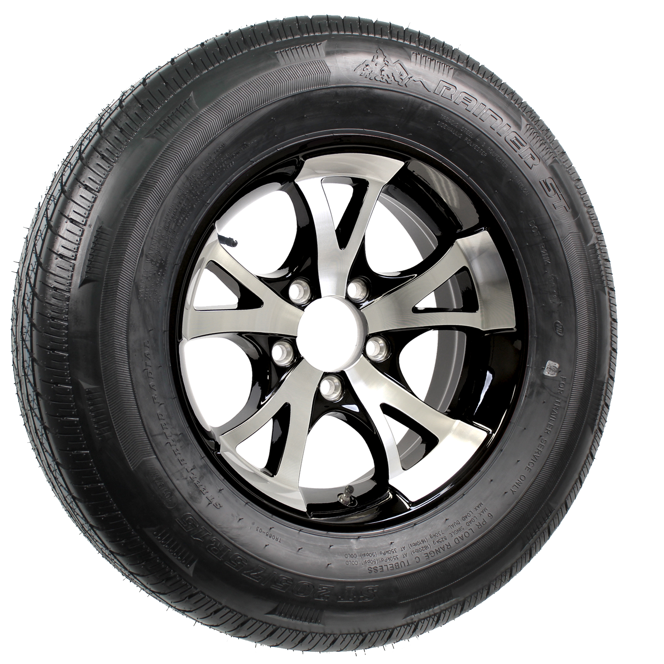 Rainier ST205/75R15 LRD Radial Tire on 15” 5Lug A1411 Black Aluminum