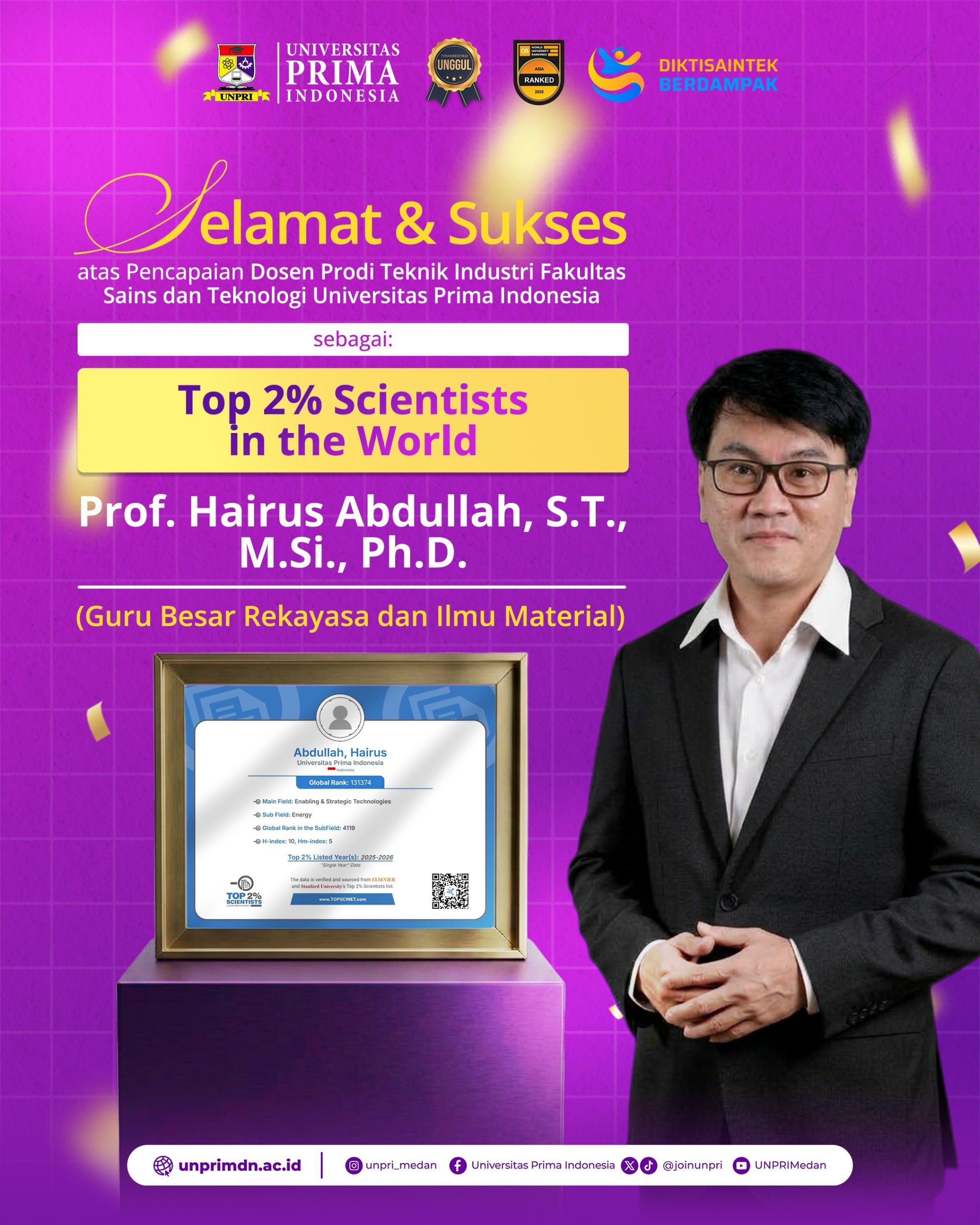 Ukir Prestasi Riset Dunia: Guru Besar FAST UNPRI Tembus Jajaran World’s Top 2% Scientists 2026