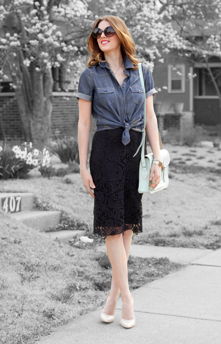 What I Wore: True Blue, Jessica Quirk, Short Sleeve Chambray and Lace