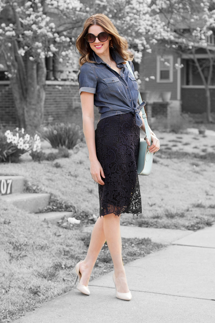What I Wore: True Blue, Jessica Quirk, Short Sleeve Chambray and Lace