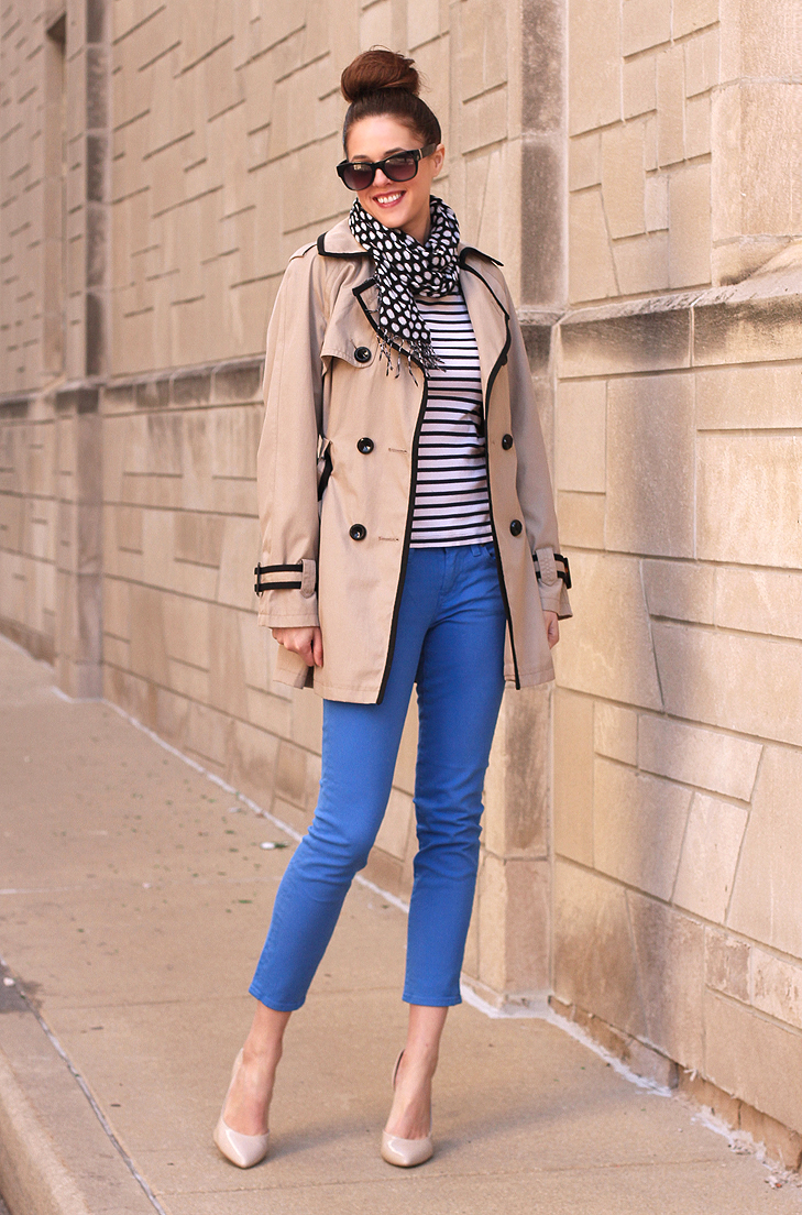 Blue Jeans on What I Wore, Jessica Quirk, Stripes, Polka Dots, Trench, whatiwore.tumblr.com