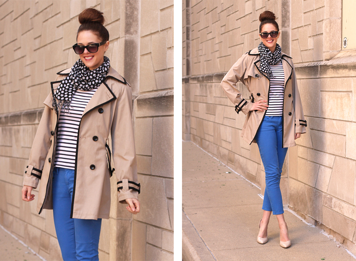 Blue Jeans on What I Wore, Jessica Quirk, Stripes, Polka Dots, Trench, whatiwore.tumblr.com