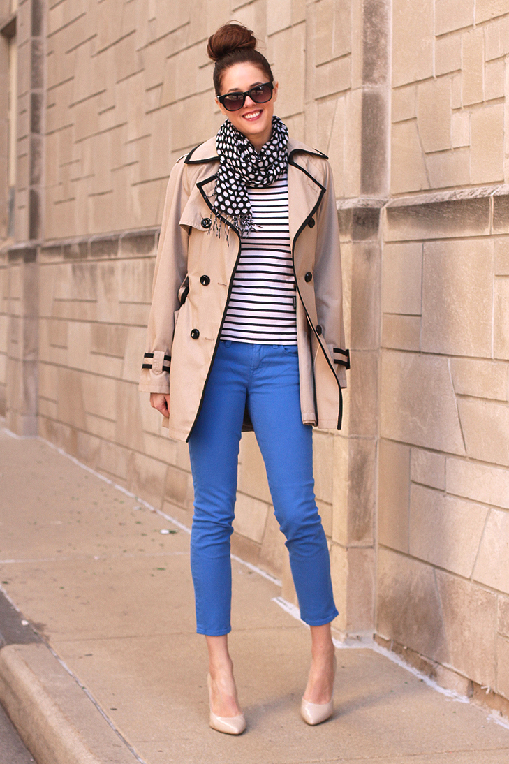 Blue Jeans on What I Wore, Jessica Quirk, Stripes, Polka Dots, Trench, whatiwore.tumblr.com