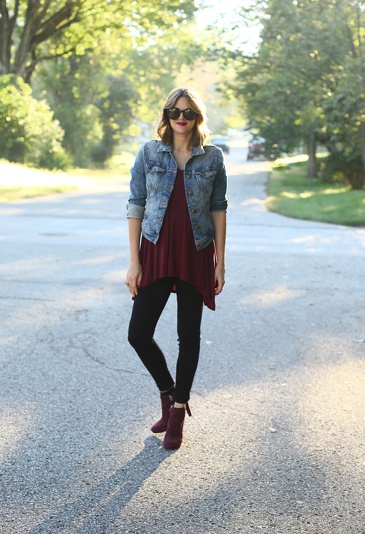 burgundy dress with denim jacket Red Dress With Denim Jacket