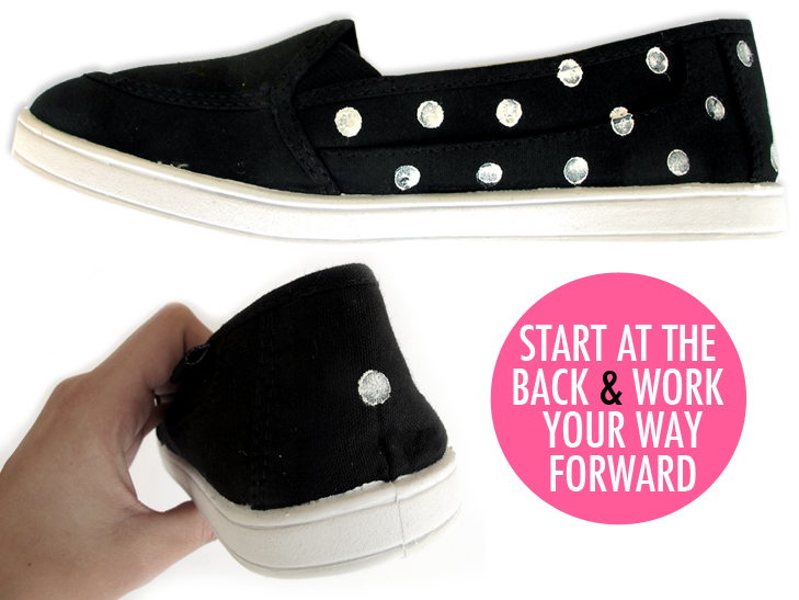 DIY polka dot shoes, DIY polka dots, stamping polka dots, Reviving old shoes, black and white polka dot shoes, jessica quirk, What I Wore, DIY on What I Wore, What I Wore DIY projects