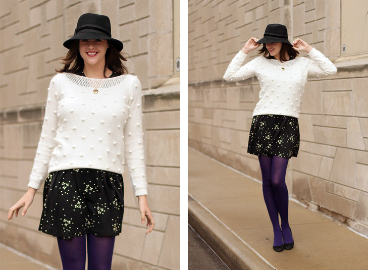 Purple Tights, How to wear Purple Tights, How to wear a hat, sweater over dress, remix challenge, purple, 1920s locket, Jessica Quirk, What I Wore Jessica, What I Wore blog, fashion blog, Fashion blogger, Personal Style Blog