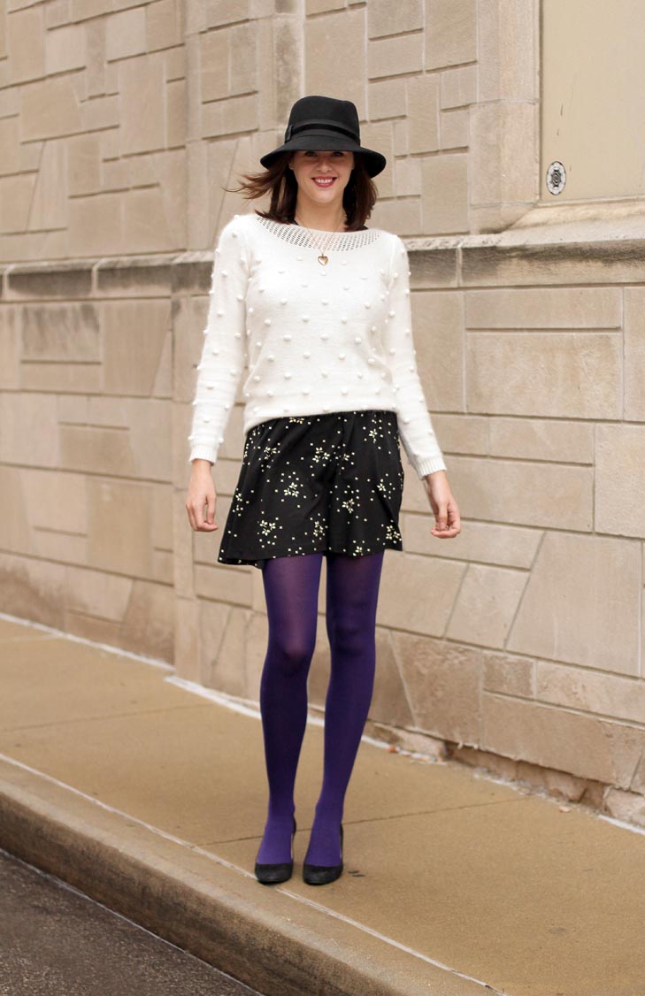Purple Tights, How to wear Purple Tights, How to wear a hat, sweater over dress, remix challenge, purple, 1920s locket, Jessica Quirk, What I Wore Jessica, What I Wore blog, fashion blog, Fashion blogger, Personal Style Blog