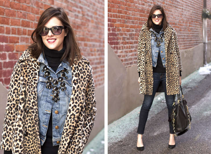 Winter Layering, How to wear Leopard, Denim on Denim, Fashion Blogger, Jessica Quirk, What I Wore, What I Wore Today, What I Wore Jessica, J.Crew Bubble Necklace, Mavi Jean Jacket, Rag and Bone Jeans,