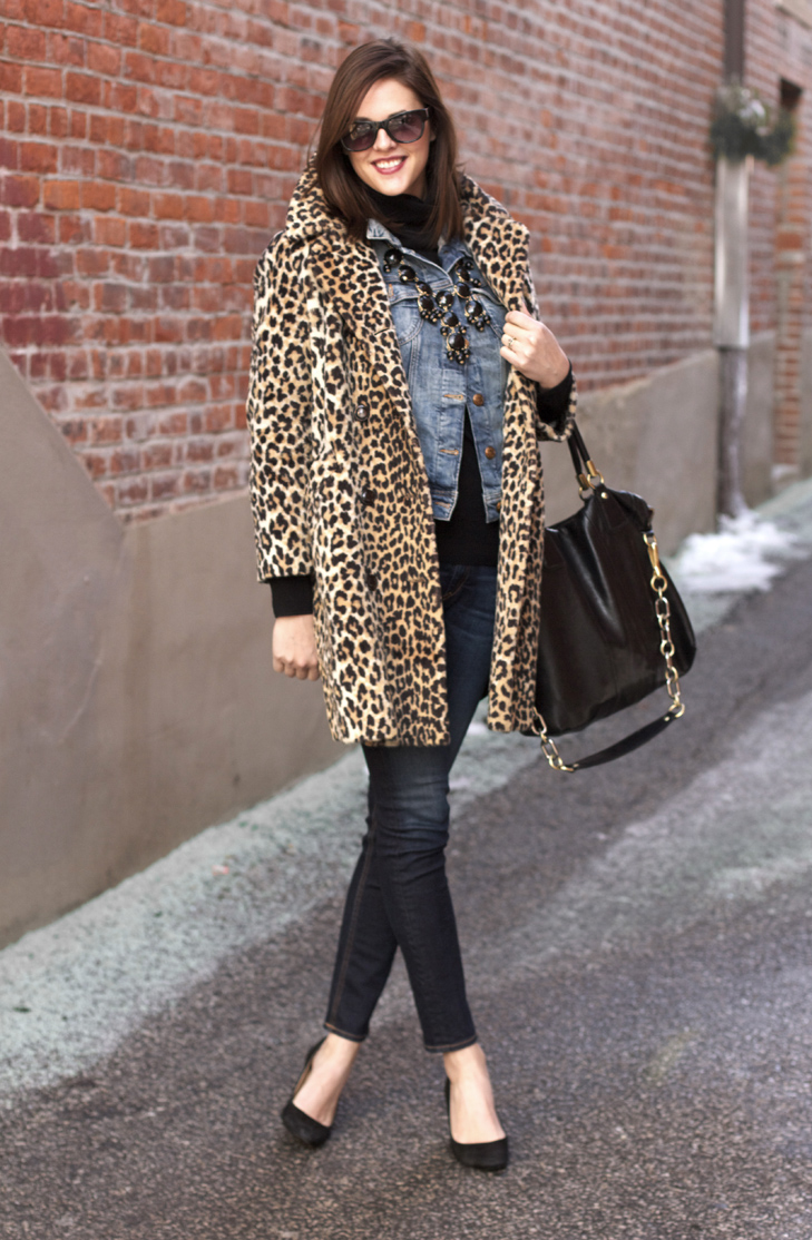 Winter Layering, How to wear Leopard, Denim on Denim, Fashion Blogger, Jessica Quirk, What I Wore, What I Wore Today, What I Wore Jessica, J.Crew Bubble Necklace, Mavi Jean Jacket, Rag and Bone Jeans,