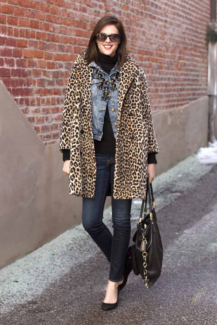 Winter Layering, How to wear Leopard, Denim on Denim, Fashion Blogger, Jessica Quirk, What I Wore, What I Wore Today, What I Wore Jessica, J.Crew Bubble Necklace, Mavi Jean Jacket, Rag and Bone Jeans,
