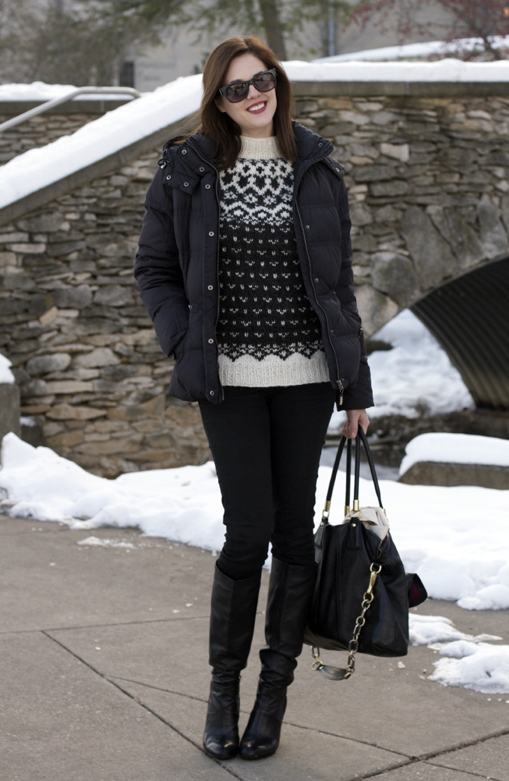 Winter Outfit, Jessica Quirk, What I Wore blog, What I Wore Jessica, What I Wore Today, Lopapeysa sweater, Fairisle sweater, How to look cute in winter, Coach, Mavi, NARS