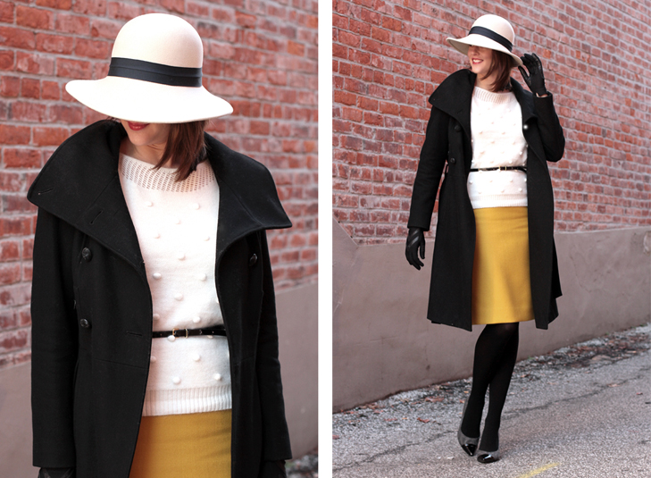 How to wear a hat, What to wear with a floppy hat, 1930s inspired style, Upstairs Downstairs, What I Wore, @whatiwore, Fashion Blog, Fashion Blogger, Gorrin Bros, Madewell, J.Crew, How to wear yellow in winter, Styling a yellow skirt, vintage modern, style blog, style blogger, fashion blog on tumblr, top fashion blog