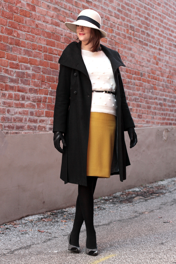 How to wear a hat, What to wear with a floppy hat, 1930s inspired style, Upstairs Downstairs, What I Wore, @whatiwore, Fashion Blog, Fashion Blogger, Gorrin Bros, Madewell, J.Crew, How to wear yellow in winter, Styling a yellow skirt, vintage modern, style blog, style blogger, fashion blog on tumblr, top fashion blog