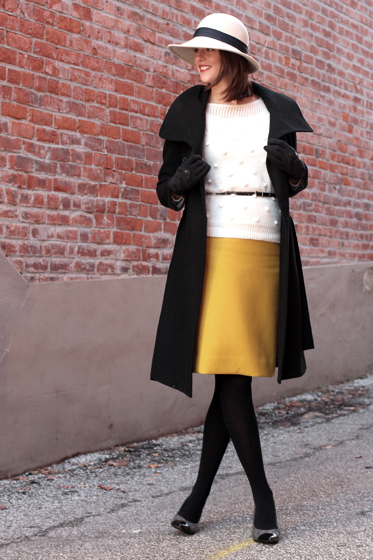 How to wear a hat, What to wear with a floppy hat, 1930s inspired style, Upstairs Downstairs, What I Wore, @whatiwore, Fashion Blog, Fashion Blogger, Gorrin Bros, Madewell, J.Crew, How to wear yellow in winter, Styling a yellow skirt, vintage modern, style blog, style blogger, fashion blog on tumblr, top fashion blog