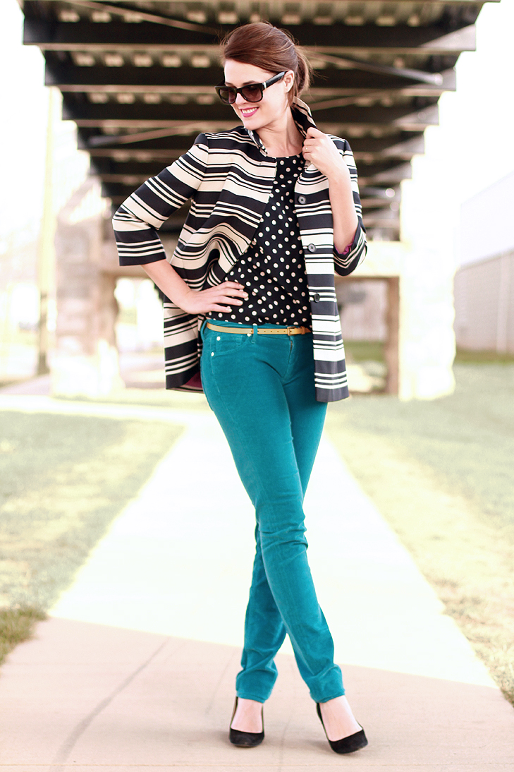 What I Wore, @whatiwore, Jessica Quirk, Fashion Blog, Fashion Blogger, Top Fashion Blog, Fashion blog on Tumblr, Style Blog, Style Blogger, How to wear teal pants, How to wear polka dots and stripes together, Yellow belt, What shoes to wear with navy